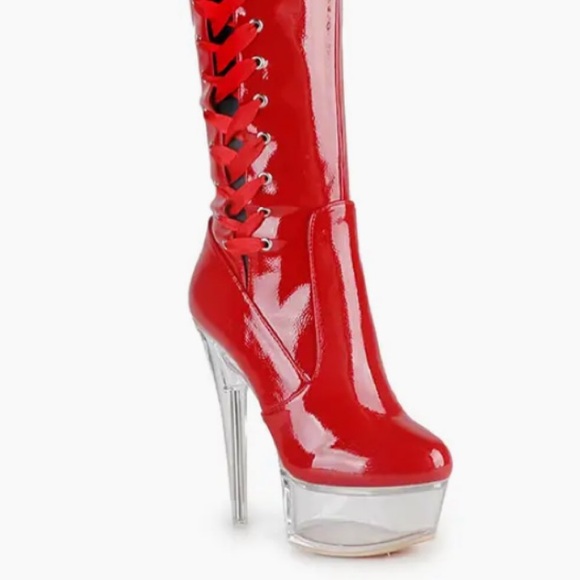 Offer! Golden Voltaire Shiny Patent Red Lace-Up Platform Lucite Clear Heel Boots - Picture 2 of 7